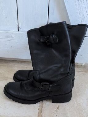 Black 100% Leather Mid-Calf Buckle Combat Boots
